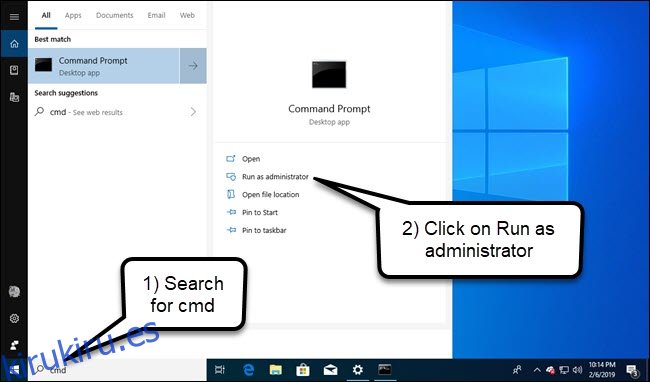 Búsqueda de Windows para el símbolo del sistema, con la opción Ejecutar como administrador resaltada