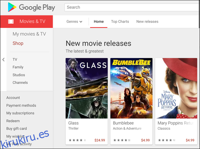 Una página de presentación familiar en la tienda Google Play Movies
