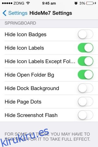 Configuración de SpringBoard de HideMe7 iOS