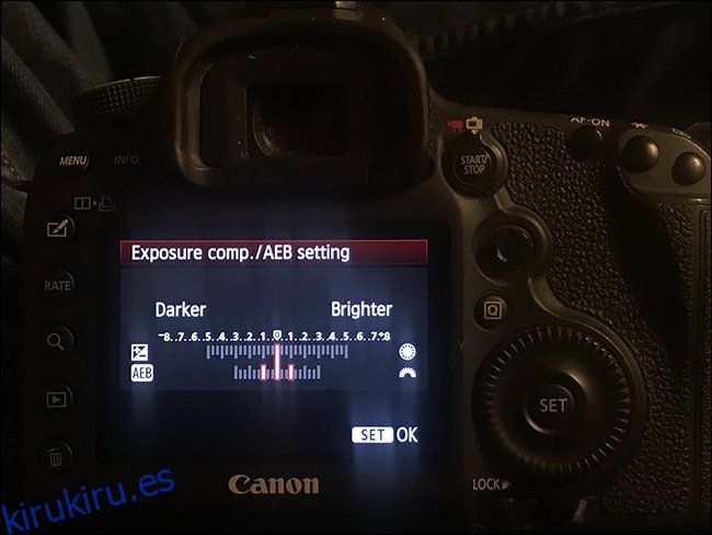 Pantalla Canon 5D Mark III que muestra la configuración de compensación de exposición
