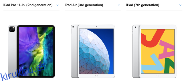 Comparación en paralelo de un iPad, iPad Air y iPad Pro de 11 pulgadas.