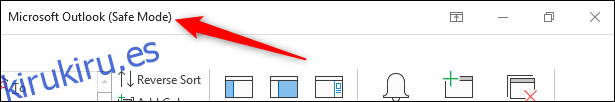 Barra de encabezado de Outlook que muestra el texto del modo seguro