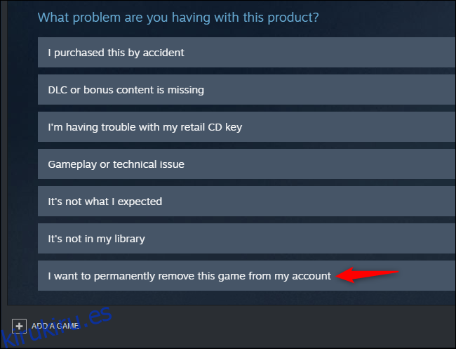 Opción para eliminar permanentemente un juego de una cuenta de Steam