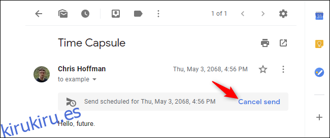 Opción para cancelar el envío de un correo electrónico programado en Gmail para Chrome