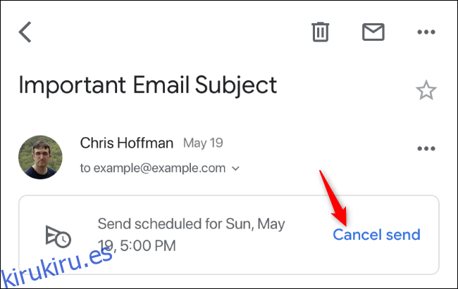 Cancelar la opción de envío para un correo electrónico programado en Gmail en iPhone