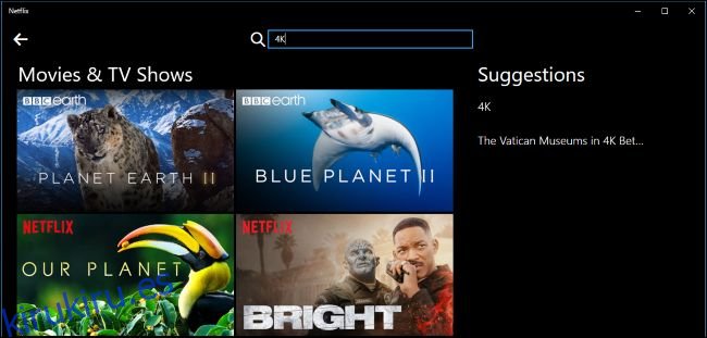 Búsqueda de contenido 4K en la aplicación Netflix de Windows 10