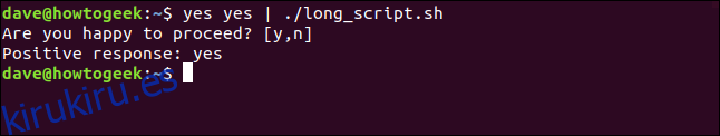 canalizando sí sí en long_script.sh en una ventana de terminal