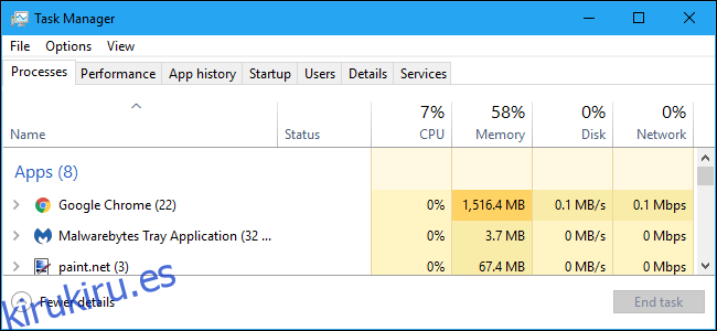 Una captura de pantalla del software Administrador de tareas de Windows