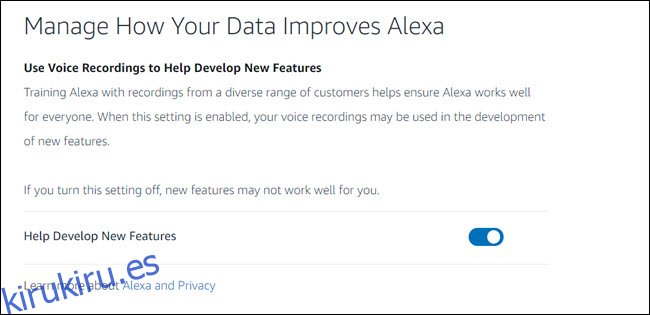 Panel de privacidad de Alexa con alternancia de 'ayudar a desarrollar nuevas funciones'.
