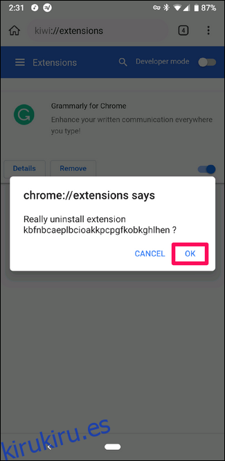 Desinstalar una extensión en Kiwi Browser