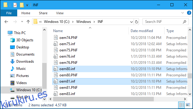 Archivos INF OEM en la carpeta del sistema de Windows 10
