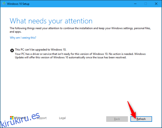 Reanudación de la instalación de Windows 10 con el botón Actualizar