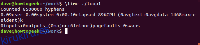 resultados de tiempo para loop1 en una ventana de terminal