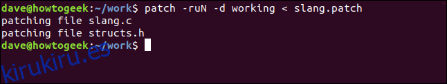 patch -ruN -d trabajando <slang.patch en una ventana de terminal