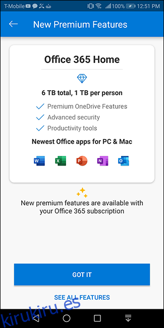 Diferentes características ofrecidas con OneDrive