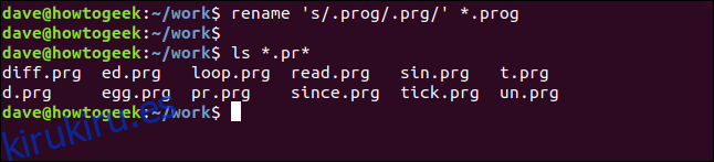 cambiar el nombre de 's / .prog / .prg /' * .prog en una ventana de terminal