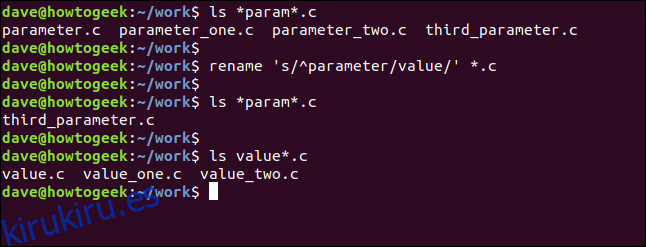 cambiar el nombre de 's / ^ parámetro / valor /' * .c en una ventana de terminal