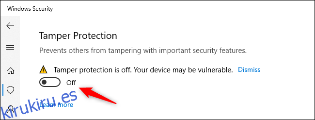 Opción para habilitar la protección contra manipulaciones en Windows 10