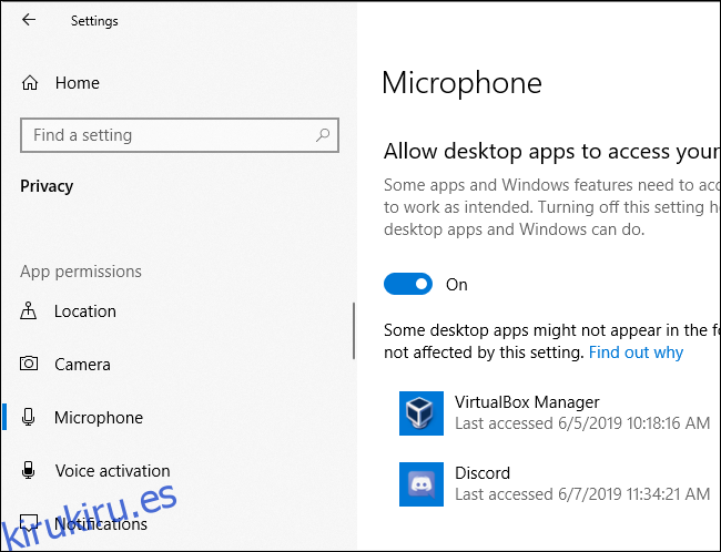Panel de privacidad del micrófono de Windows 10 que muestra cuándo las aplicaciones accedieron por última vez al micrófono de la PC