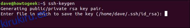 Confirmación de la ubicación de almacenamiento de la clave ssh en una ventana de terminal