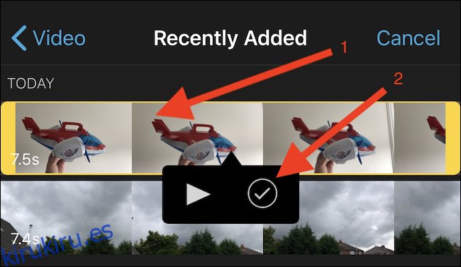 Navegue hasta el video que se utilizará como base para el nuevo proyecto y tóquelo.  Luego toque el botón de marca de verificación.