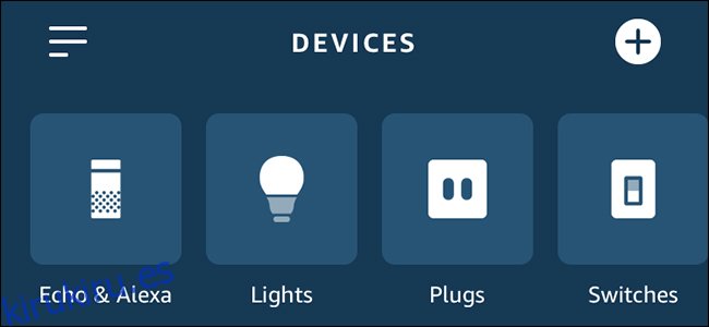 Aplicación Alexa que muestra luces, enchufes e interruptores.