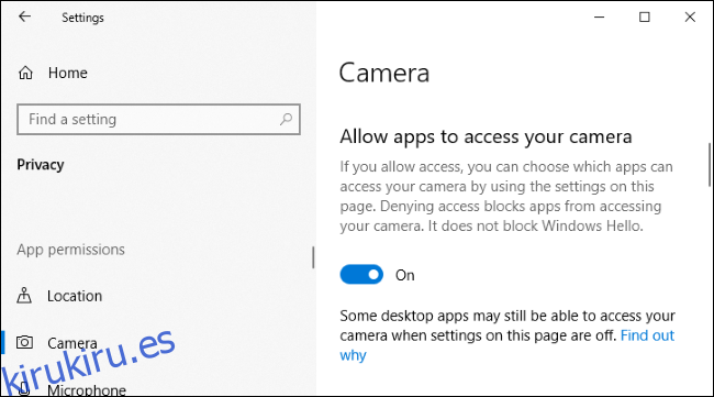 Opción para deshabilitar el acceso a la cámara para aplicaciones en la aplicación de configuración de Windows 10