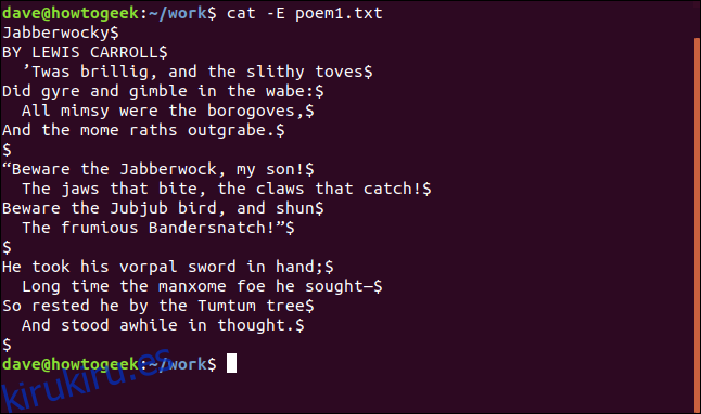 contenido de poem1.txt con extremos de línea mostrados en una ventana de terminal