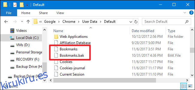 Ambos archivos de marcadores dentro del directorio de Chrome
