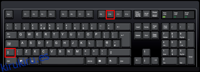 Teclas Shift y F10 resaltadas en un teclado de PC