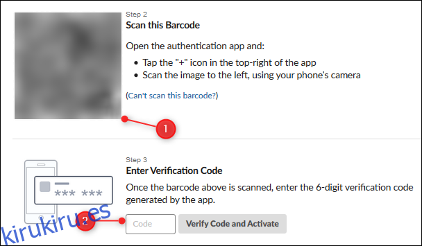 La imagen del código QR y el cuadro de texto del código de verificación