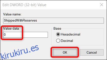 Establezca los datos del valor en 0, luego haga clic en Aceptar