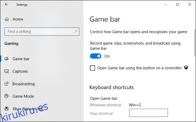 Opción para habilitar o deshabilitar la barra de juegos en Configuración