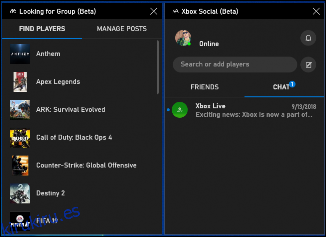 Buscando paneles beta de Grupos y Xbox Social en la barra de juegos