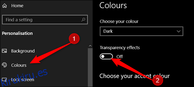 Haga clic en Colores en el panel izquierdo, luego desactive Efectos de transparencia