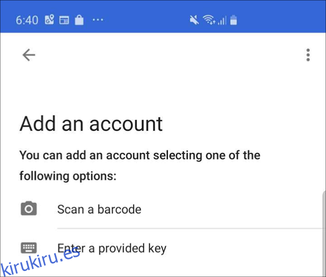 La pantalla de la aplicación Google Authenticator en un teléfono, donde toca 