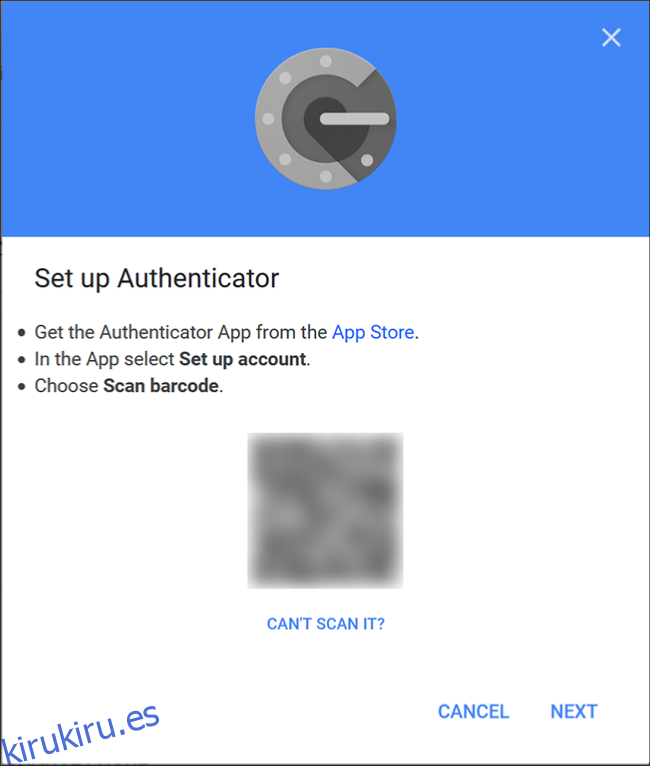 La pantalla del Autenticador de Google donde escanea el código QR usando la aplicación en su teléfono.