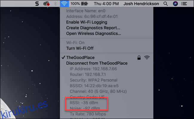 Submenú de Wi-Fi de MacOS que muestra la entrada RSSI medida en dBm.