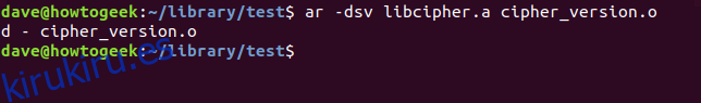 ar -dsv libcipher.a cipher_version.o en una ventana de terminal