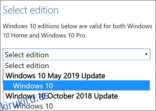 Seleccione una edición de Windows 10 para descargar.
