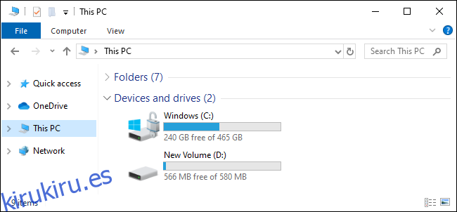 Esta vista de PC muestra las unidades C: y D: en Windows 10