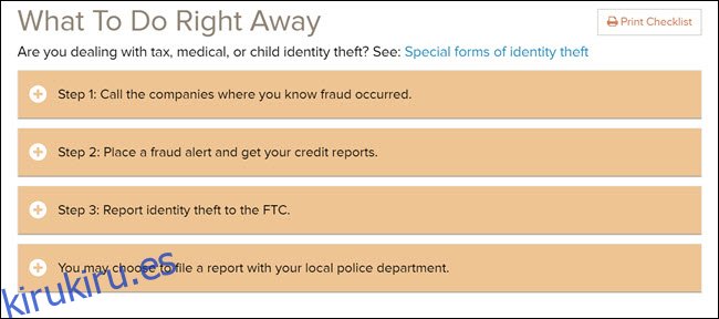 Qué hacer de inmediato si es víctima de una lista de verificación de robo de identidad en el sitio web de la FTC.