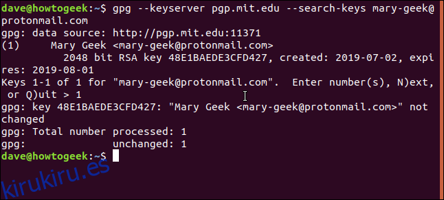 El servidor de claves gpg da como resultado una ventana de terminal