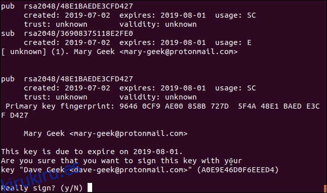 Confirmación de firma de clave gpg en una ventana de terminal