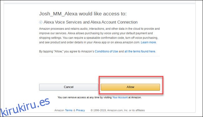 Mensaje de permiso de los servicios de voz de Alexa con un cuadro alrededor del botón permitir.
