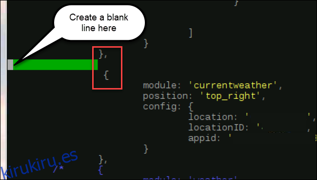 código de módulos, con una nueva línea insertada después de} y antes de {