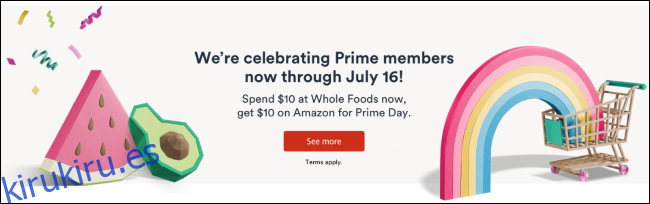 Banner de oferta de $ 10 de Whole Foods Prime Day