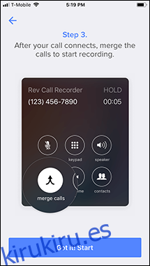 Paso 3 del tutorial para grabar una llamada saliente en la aplicación Rev.  Toque en el 