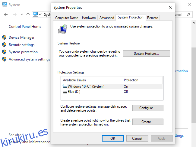 Opciones de restauración del sistema en Windows 10.
