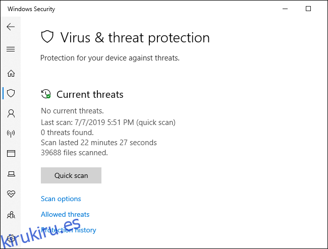 Menú de análisis antivirus de Windows Defender.